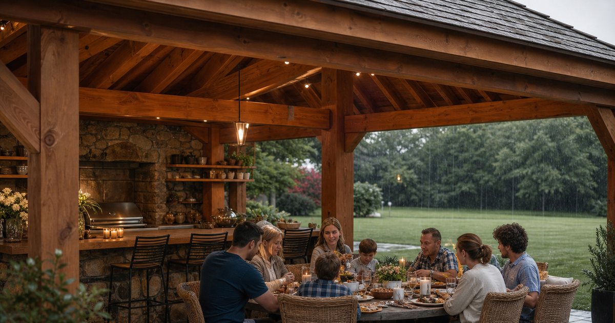 Which Overhead Structure Best Shelters A Luxury Outdoor Kitchen From Sun And Rain?